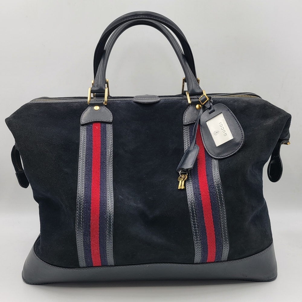 Gucci Navy Blue Suede Daino Textured Dollar Calfskin Web Large Travel Bag, Auth.